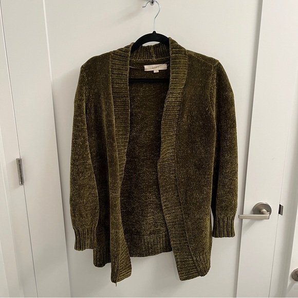 LOFT Chenille Long Cardigan Sweater - Olive Green - Picture 2 of 5